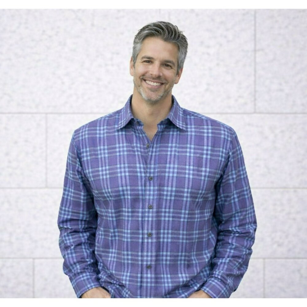 Peter Millar Plaid Button-Up Shirt Mens Medium 100% Cotton Mulberry Purple/Blue